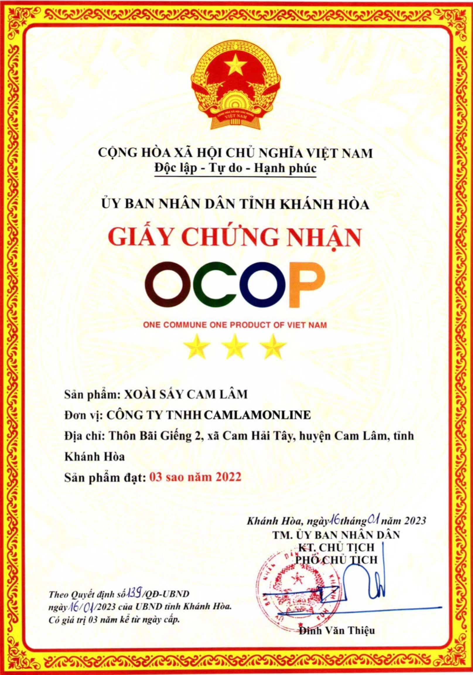 CHUNG NHAN OCOP